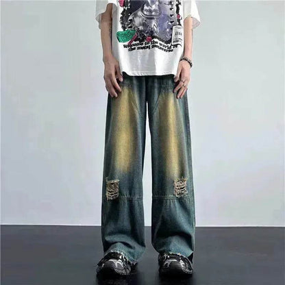 Ripped Retro Blue Contrast Color Jeans