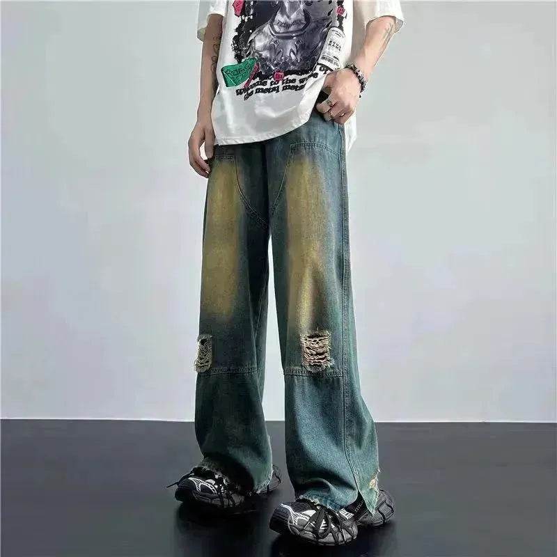 Ripped Retro Blue Contrast Color Jeans