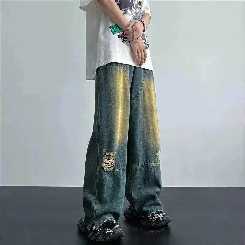 Ripped Retro Blue Contrast Color Jeans