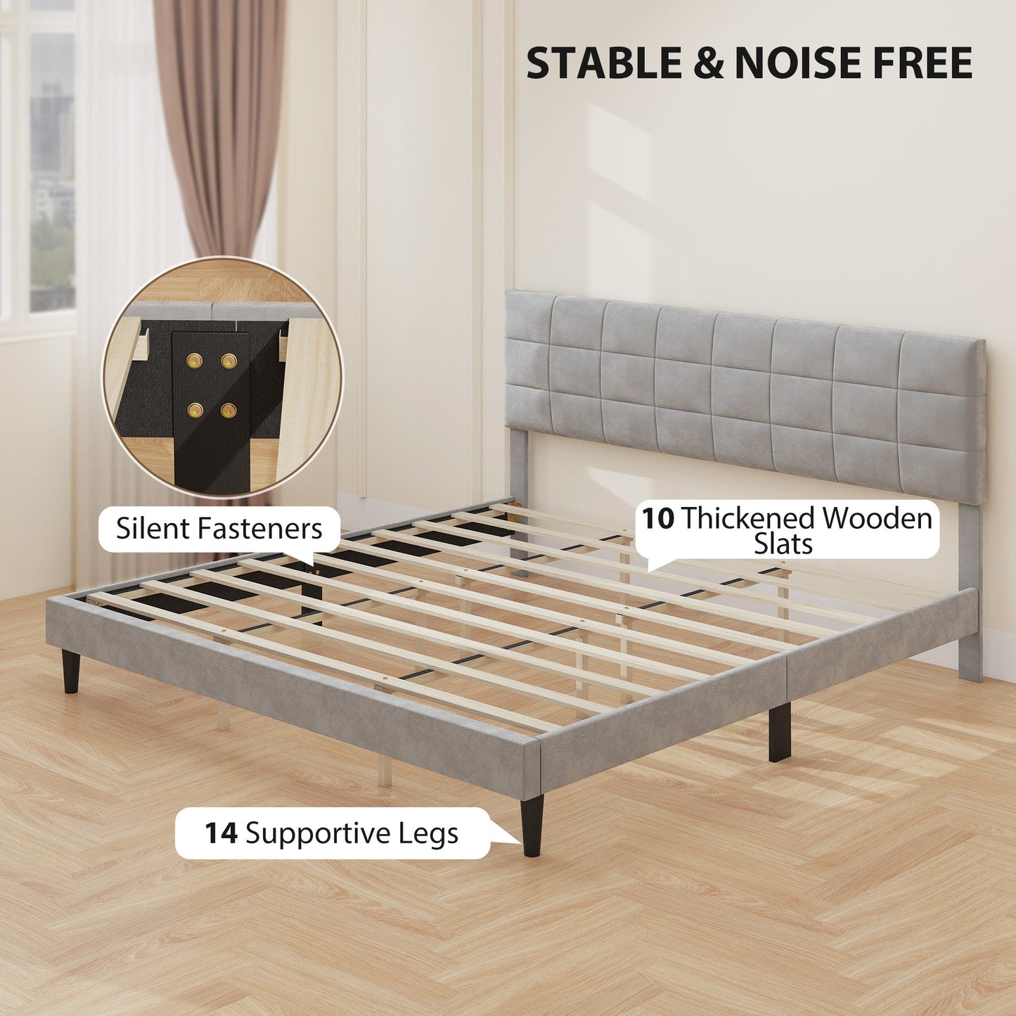 Harper King Size Platform Bed Frame with Upholstered Headboard-Grey