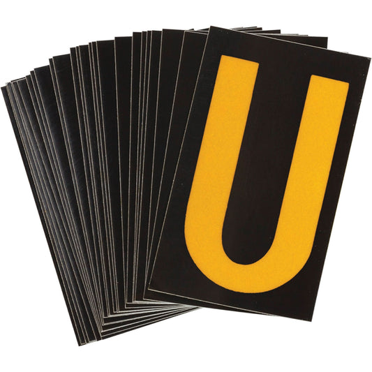 Reflective Individual Number & Letter Labels, U, 2-1/2" H, Yellow on Black