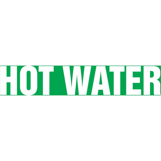 "Hot Water" Pipe Marker, Self-Adhesive, 1-1/2" H x 8" W, White on Green