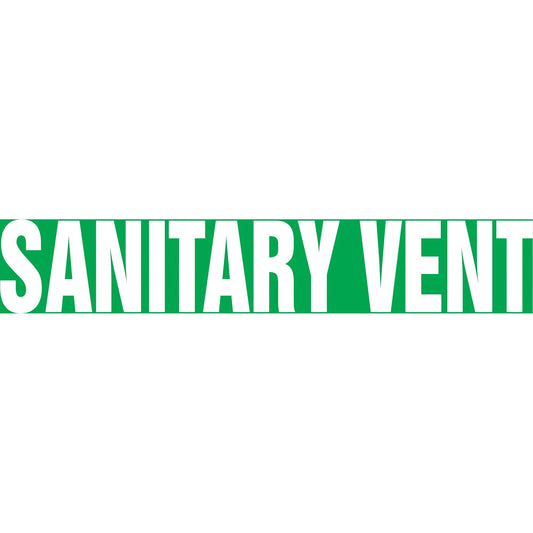 "Sanitary Vent" Pipe Marker, Self-Adhesive, 2-1/2" H x 12" W, White on Green