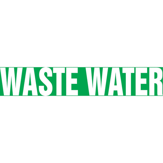 "Waste Water" Pipe Marker, Self-Adhesive, 1-1/2" H x 8" W, White on Green