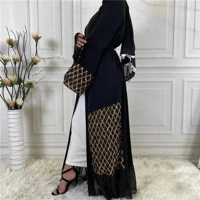 Sequined Embroidered Outerwear Robe  Turkey Arab Dubai Middle East Women's Chiffon Cardigan Abaya Dress