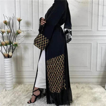 Sequined Embroidered Outerwear Robe  Turkey Arab Dubai Middle East Women's Chiffon Cardigan Abaya Dress