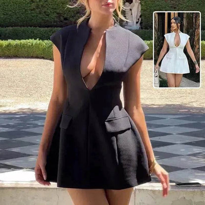 Charmante mini-robe évasée à col en V profond, mode d'été, style français, amincissante, robe courte, cardigan, robe-jupe tempérament, "Hot Girl"