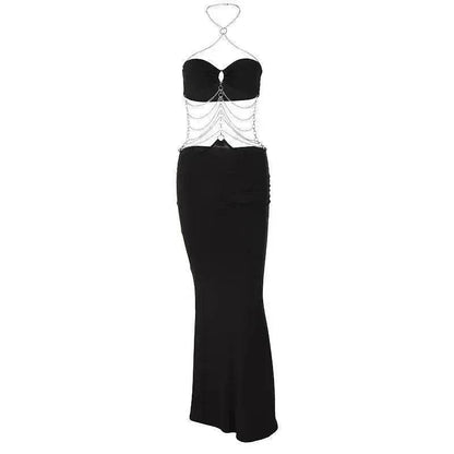 Charming Fashion Personality Halter Neck Wrap Chest Cutout Party Long Black  Dress for Women