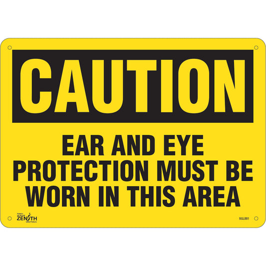 "Ear And Eye Protection" Sign, 10" x 14", Plastic, English
