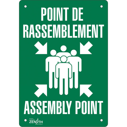 "Point de rassemblement/Assembly Point" Sign, 14" x 10", Aluminum, Bilingual with Pictogram