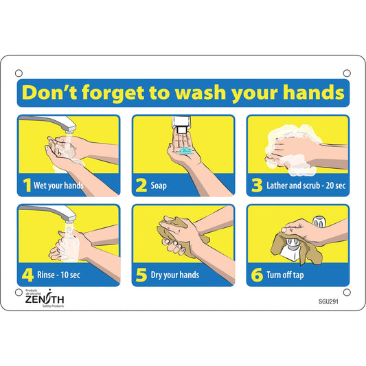 Panneau "N'oubliez pas de vous laver les mains" avec pictogramme, 17,8 cm x 25,4 cm, Plastique, Anglais avec pictogramme