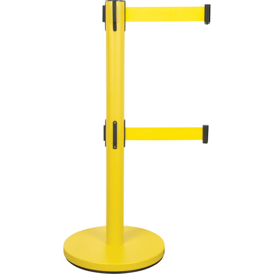 Poteau de guidage double sangle, acier, 89 cm H, sangle jaune, 2,1 m de long