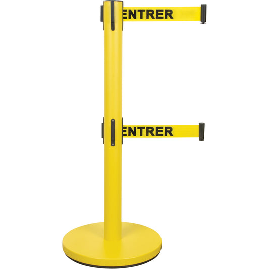 Poteau de guidage double sangle, acier, 89 cm H, sangle jaune, 2,1 m de long