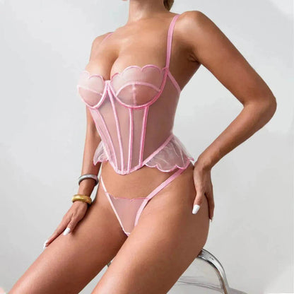 Shaping Sling Wave Mesh Edge Joint Fishbone See-through Charming Underwear Two-piece