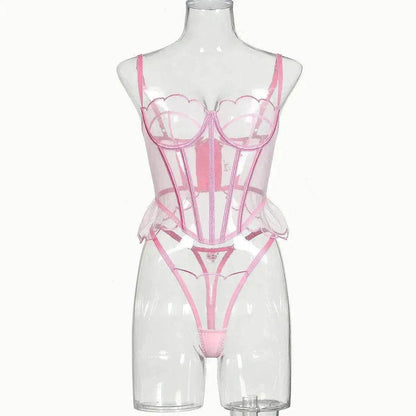 Shaping Sling Wave Mesh Edge Joint Fishbone See-through Charming Underwear Two-piece