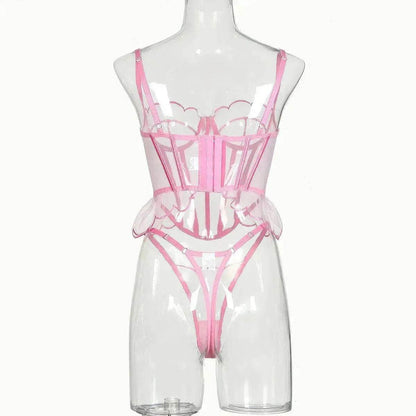 Shaping Sling Wave Mesh Edge Joint Fishbone See-through Charming Underwear Two-piece