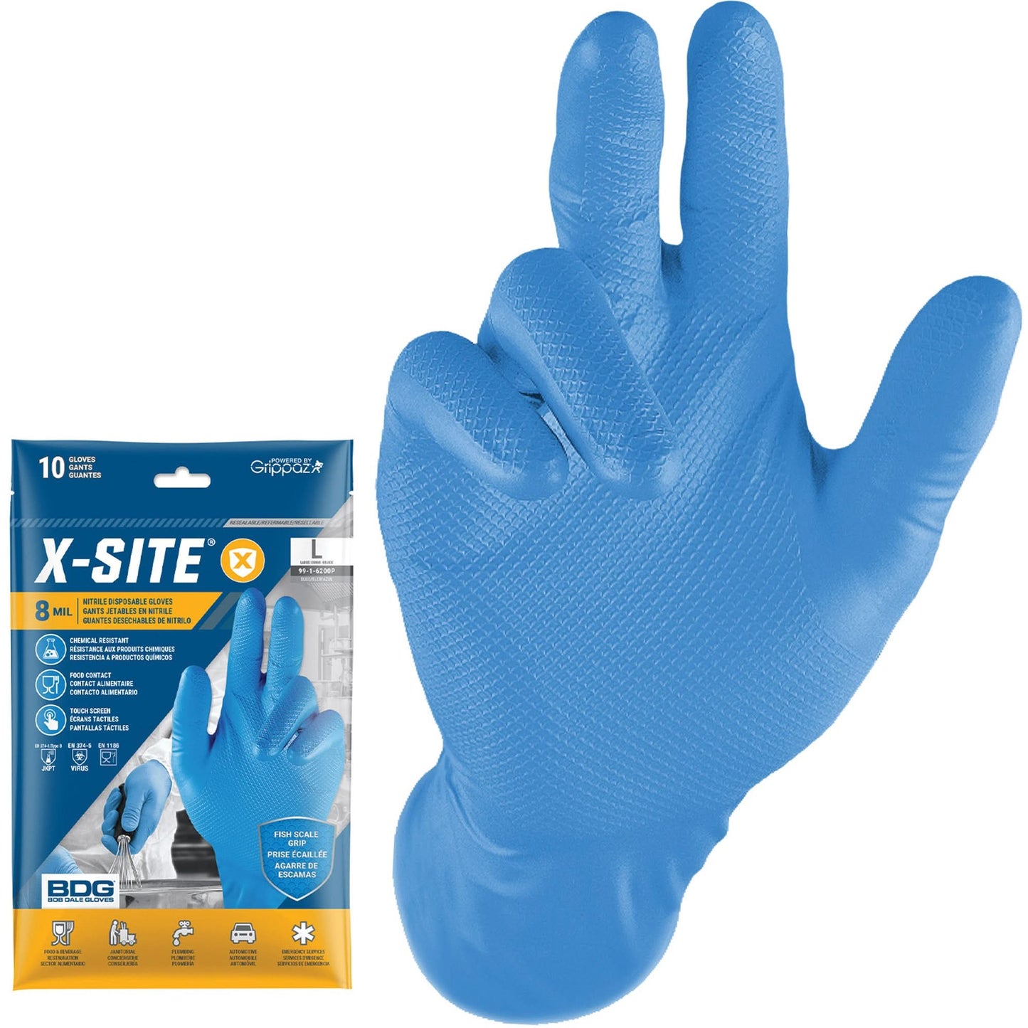 Grippaz™ Disposable Gloves, 2X-Large, Nitrile, 8-mil, Powder-Free, Blue