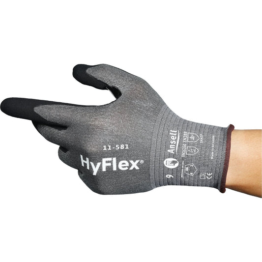 Gants industriels ultra-légers HyFlex® 11-581, taille 6, jauge 21, enduits de nitrile, extérieur nylon/HPPE/tungstène/spandex, ASTM ANSI niveau A6
