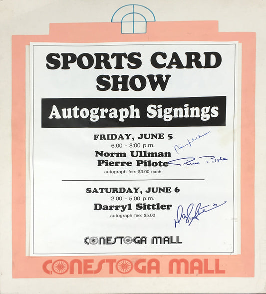 ENSEIGNE VINTAGE AUTOGRAPHÉE PAR NORM ULLMAN ET PIERRE PILOTE - BLACKHAWKS, LEAFS 28"X22"