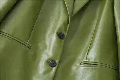 Single Breasted Casual Imitation Leather Suit Jacket Trousers Suit Women