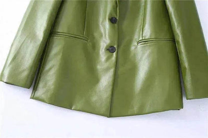 Single Breasted Casual Imitation Leather Suit Jacket Trousers Suit Women
