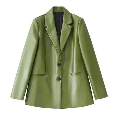 Single Breasted Casual Imitation Leather Suit Jacket Trousers Suit Women