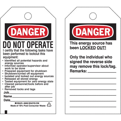 Lockout Tags, Plastic, 3" W x 5-1/2" H, English