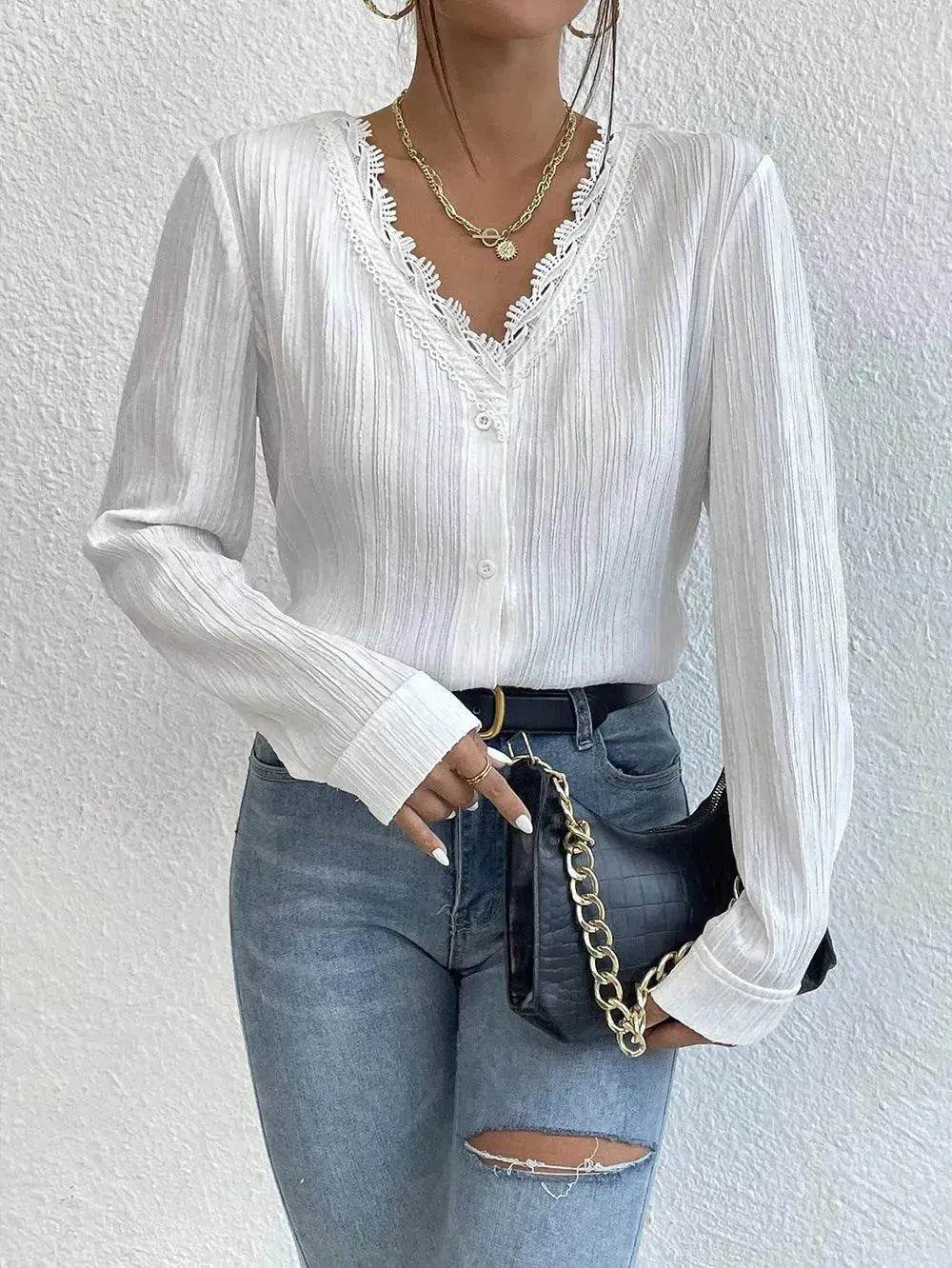White Slim Fit Long Sleeve  Shirt evening Top Women