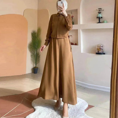 Solid Color Long Sleeve Skirt Suit for Elegant Arab Dubai Turkey Middle Eastern Women Abaya Dress