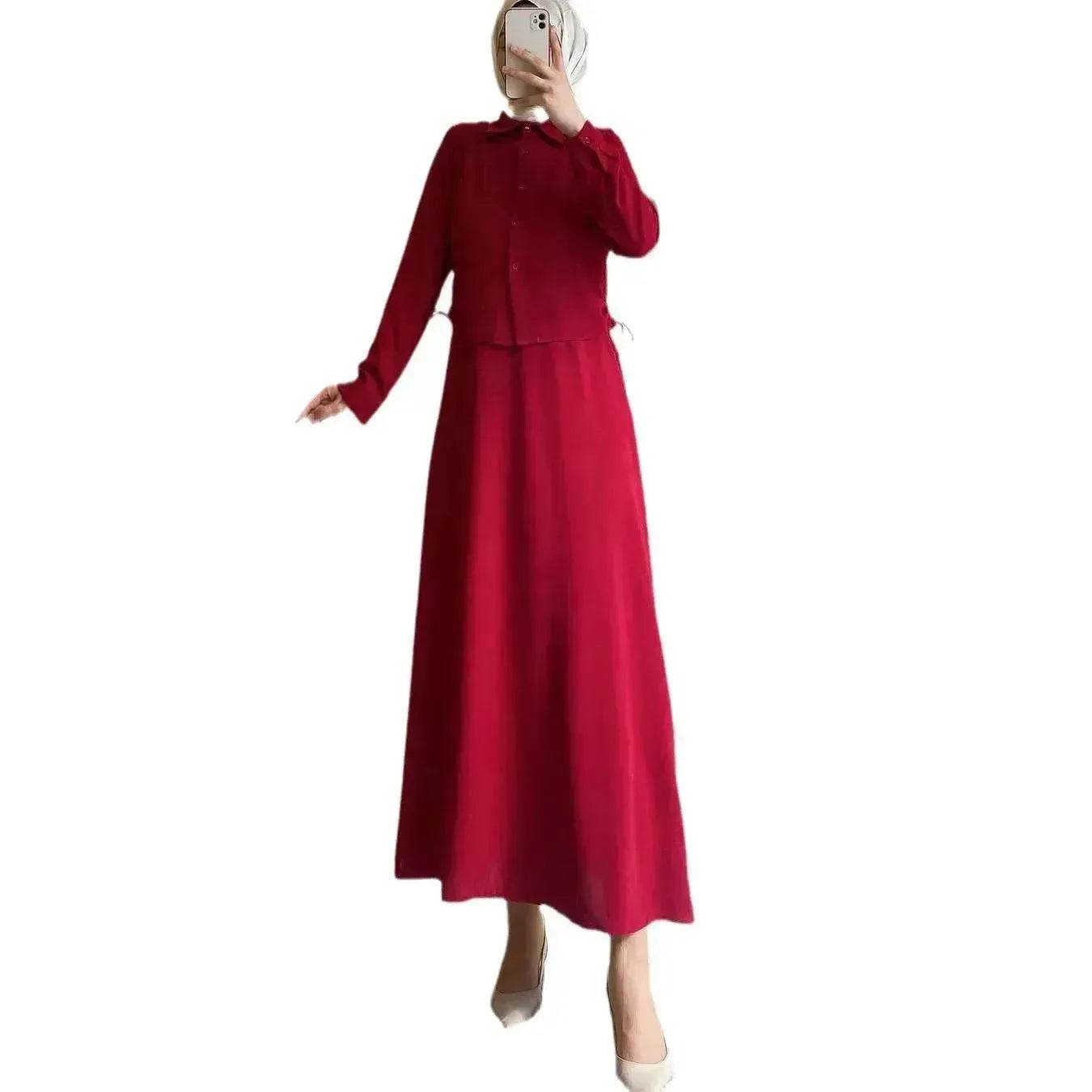 Solid Color Long Sleeve Skirt Suit for Elegant Arab Dubai Turkey Middle Eastern Women Abaya Dress