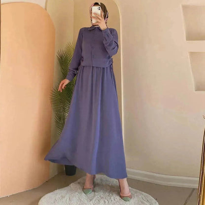Solid Color Long Sleeve Skirt Suit for Elegant Arab Dubai Turkey Middle Eastern Women Abaya Dress