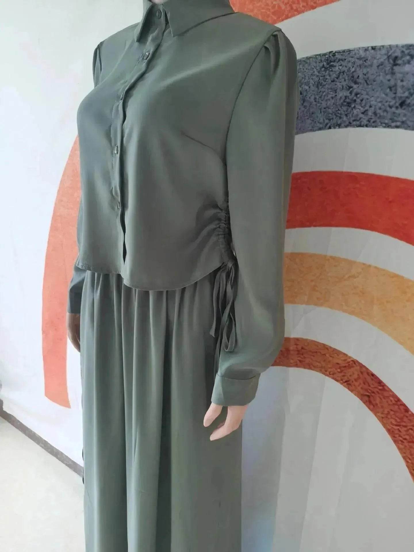Solid Color Long Sleeve Skirt Suit for Elegant Arab Dubai Turkey Middle Eastern Women Abaya Dress