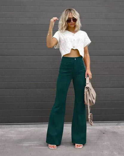 Solid Color Mid-waist Slim-fit Micro Flared Pants Corduroy