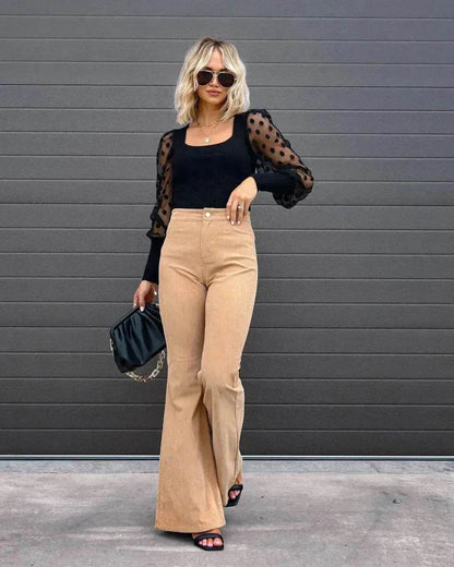 Solid Color Mid-waist Slim-fit Micro Flared Pants Corduroy