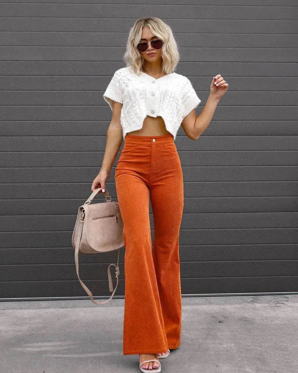 Solid Color Mid-waist Slim-fit Micro Flared Pants Corduroy