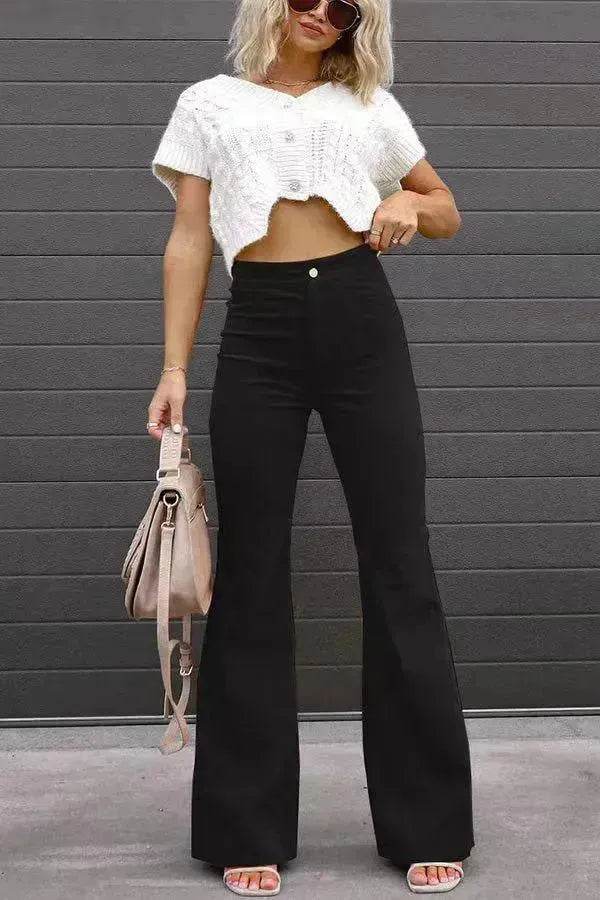 Solid Color Mid-waist Slim-fit Micro Flared Pants Corduroy