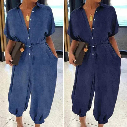 Solid Color Plus Size Casual Short Sleeve Denim Jumpsuit