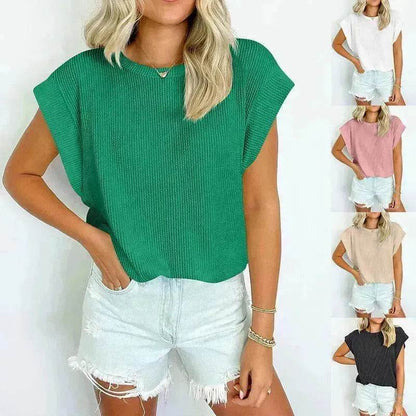 Solid Color Stripe Bat-sleeve Summer Casual Loose Vest blouse Tops for Women.