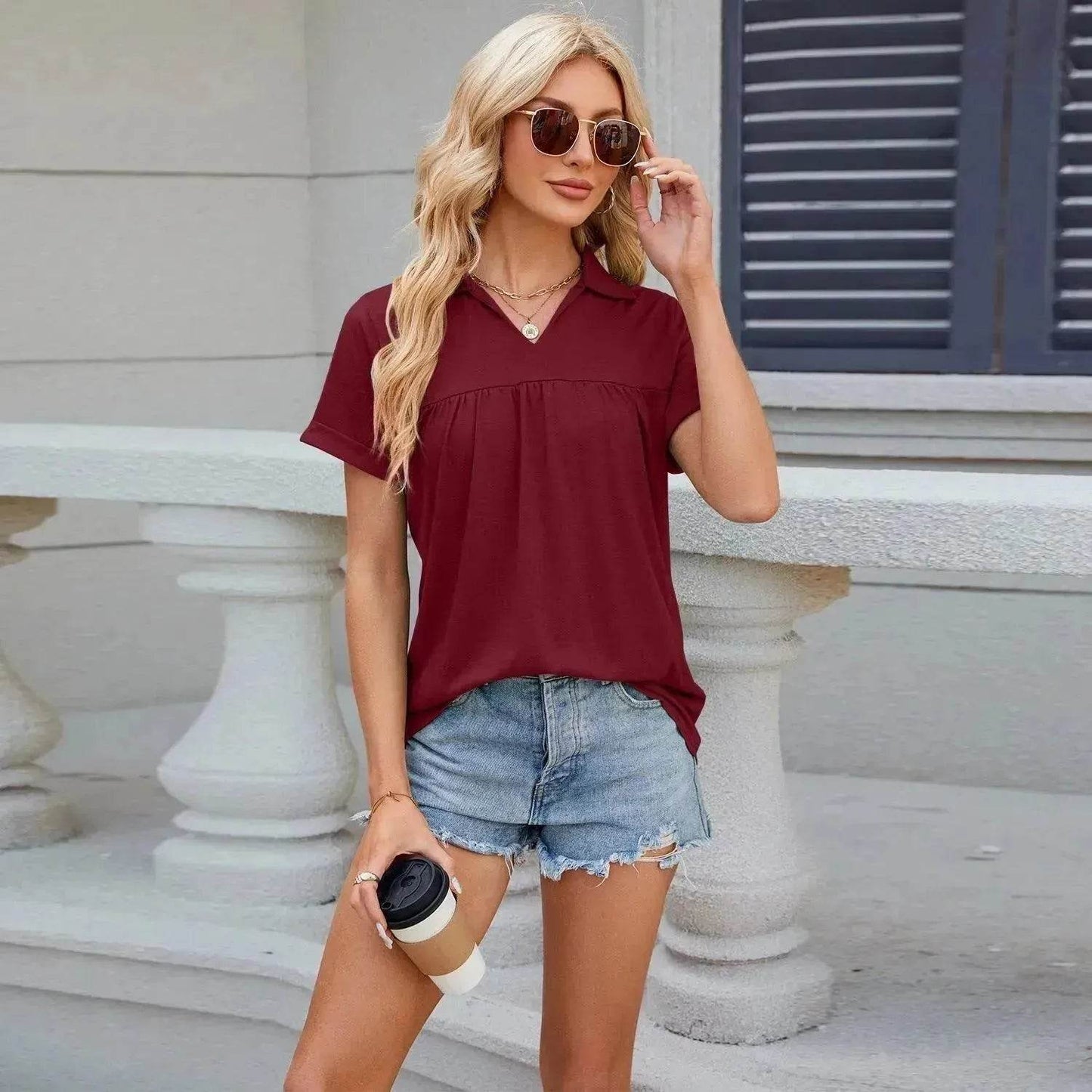 Solid Color V-neck Lapel Short-sleeved Cotton Summer Loose polo shirt Top Women