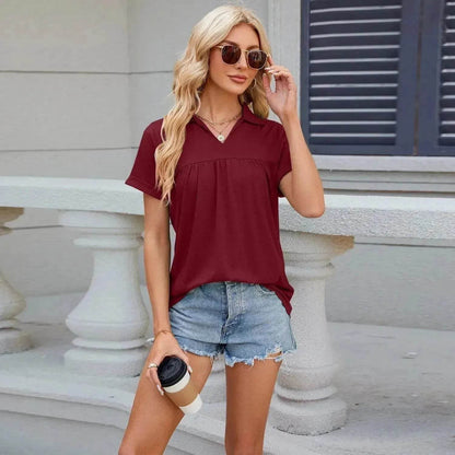 Solid Color V-neck Lapel Short-sleeved Cotton Summer Loose polo shirt Top Women
