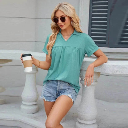 Solid Color V-neck Lapel Short-sleeved Cotton Summer Loose polo shirt Top Women