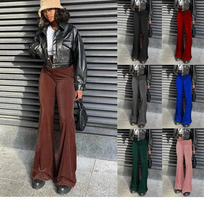 Solid Color Velvet Elastic High Waist Slimming Casual Bootcut Trousers Women