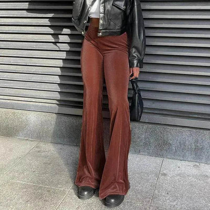 Solid Color Velvet Elastic High Waist Slimming Casual Bootcut Trousers Women