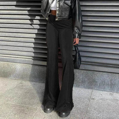 Solid Color Velvet Elastic High Waist Slimming Casual Bootcut Trousers Women