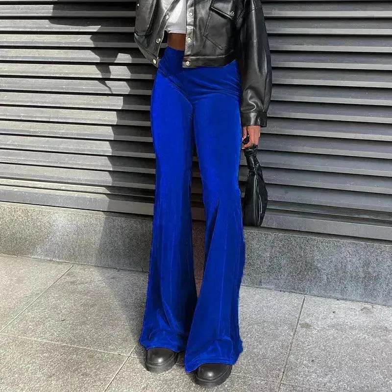 Solid Color Velvet Elastic High Waist Slimming Casual Bootcut Trousers Women