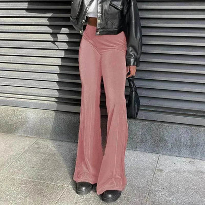 Solid Color Velvet Elastic High Waist Slimming Casual Bootcut Trousers Women