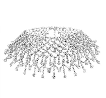 Sparling Rhinestone  Diamond Fringed  Tassel Choker Necklace for Women Bridal Wedding Luxury Necklace