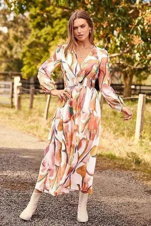Spring NEW Long Casual Long Sleeve V-neck Printed Beach Long Flowy Dress