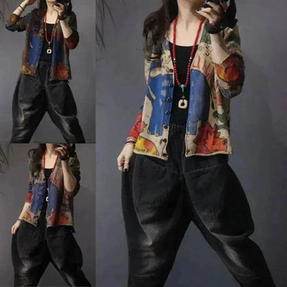 Spring Printed Knitted Cardigan Women Retro National Style Top