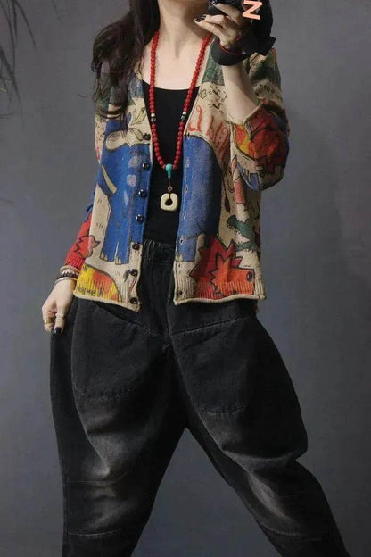 Spring Printed Knitted Cardigan Women Retro National Style Top